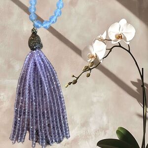 Blue Chalcedony Style Beaded Necklace w/ Lavender Crystal Tassel